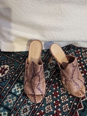 ALDO Brown Snake-Print Peep-Toe Mule Heels